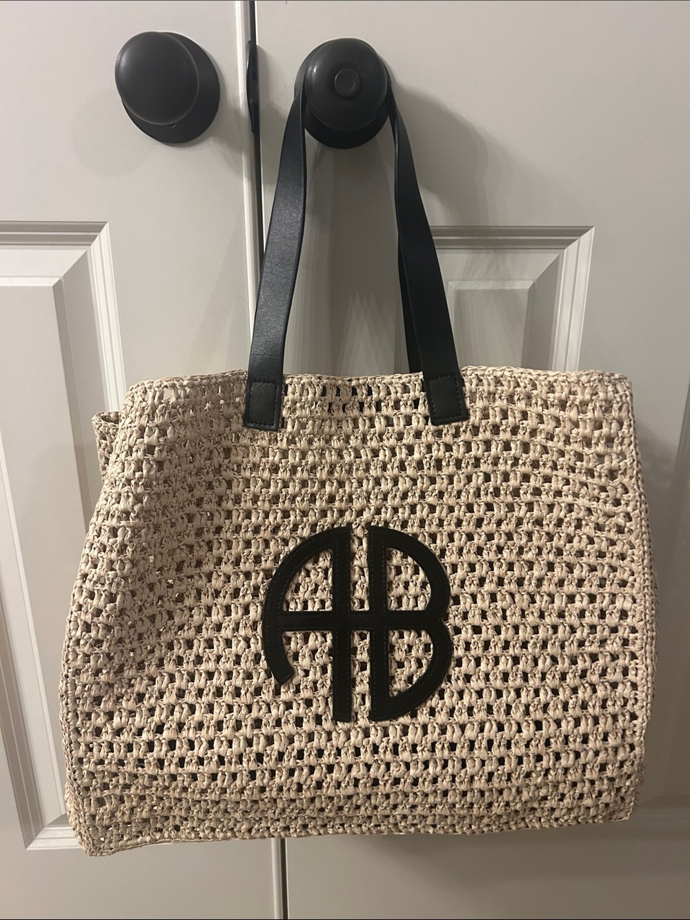 Anine Bing Beige Woven Tote with Black Logo & Straps